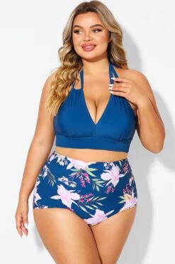 Navy V-neck Halter Tie Bikini Top -Meetcurve Shop b debk002005 3