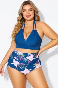 Navy V-neck Halter Tie Bikini Top -Meetcurve Shop b debk002005 4