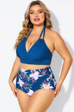 Navy V-neck Halter Tie Bikini Top -Meetcurve Shop b debk002005 5