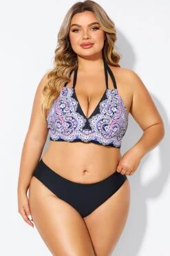 Printed Self-tie Halter Straps Bikini Top -Meetcurve Shop b debk002006 3