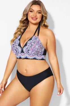 Printed Self-tie Halter Straps Bikini Top -Meetcurve Shop b debk002006 4