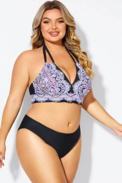 Printed Self-tie Halter Straps Bikini Top -Meetcurve Shop b debk002006 5