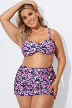 Purple Floral Twist Front Bandeau Bikini Set -Meetcurve Shop b debk003003 3
