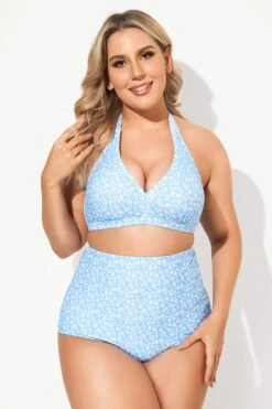 Blue Floral High Waist Bikini Set For Lady -Meetcurve Shop b debk005005 3