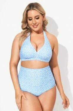 Blue Floral High Waist Bikini Set For Lady -Meetcurve Shop b debk005005 4