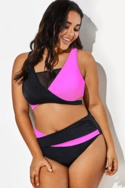 Black Pink Colorblock Wrap Mesh Bikini Top