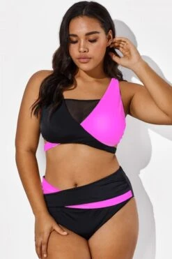 Black Pink Colorblock Wrap Mesh Bikini Top -Meetcurve Shop b debk015004 33