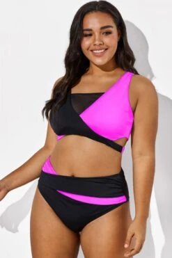 Black Pink Colorblock Wrap Mesh Bikini Top -Meetcurve Shop b debk015004 44