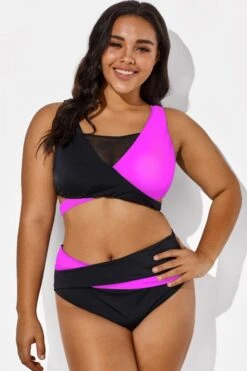 Black Pink Colorblock Wrap Mesh Bikini Top -Meetcurve Shop b debk015004 66
