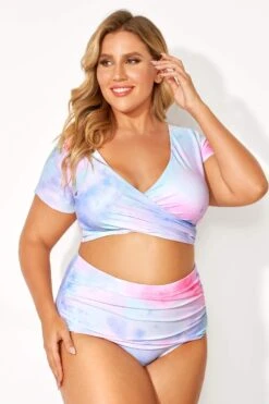 Tie Dye Printed V-neck Elegant Bikini Top -Meetcurve Shop b debk050002 4