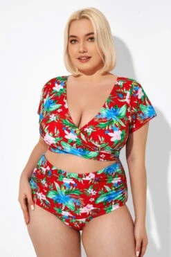 Flower Printed V-neck Bikini Top With Sleeves 11 Flower Printed V-neck Bikini Top With Sleeves -Meetcurve Shop b debk050003 3