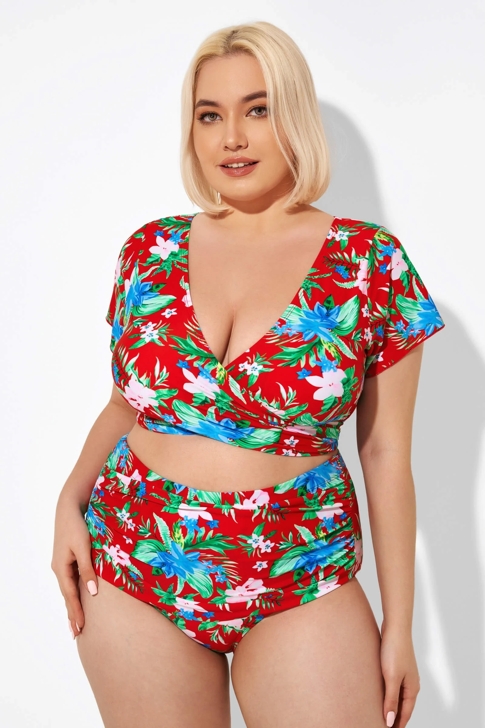 Flower Printed V-neck Bikini Top With Sleeves 6 Flower Printed V-neck Bikini Top With Sleeves - Image 4