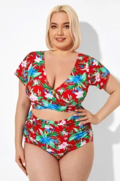 Flower Printed V-neck Bikini Top With Sleeves 12 Flower Printed V-neck Bikini Top With Sleeves -Meetcurve Shop b debk050003 5