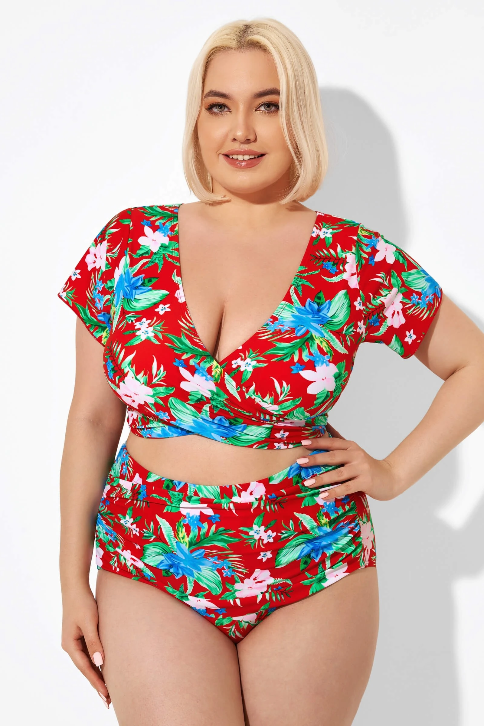 Flower Printed V-neck Bikini Top With Sleeves 7 Flower Printed V-neck Bikini Top With Sleeves - Image 5