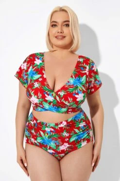 Flower Printed V-neck Bikini Top With Sleeves 13 Flower Printed V-neck Bikini Top With Sleeves -Meetcurve Shop b debk050003 6