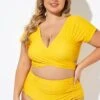 Yellow Ruched Sleeves Skirted Bikini Top 1 Yellow Ruched Sleeves Skirted Bikini Top -Meetcurve Shop b debk050005 1 1