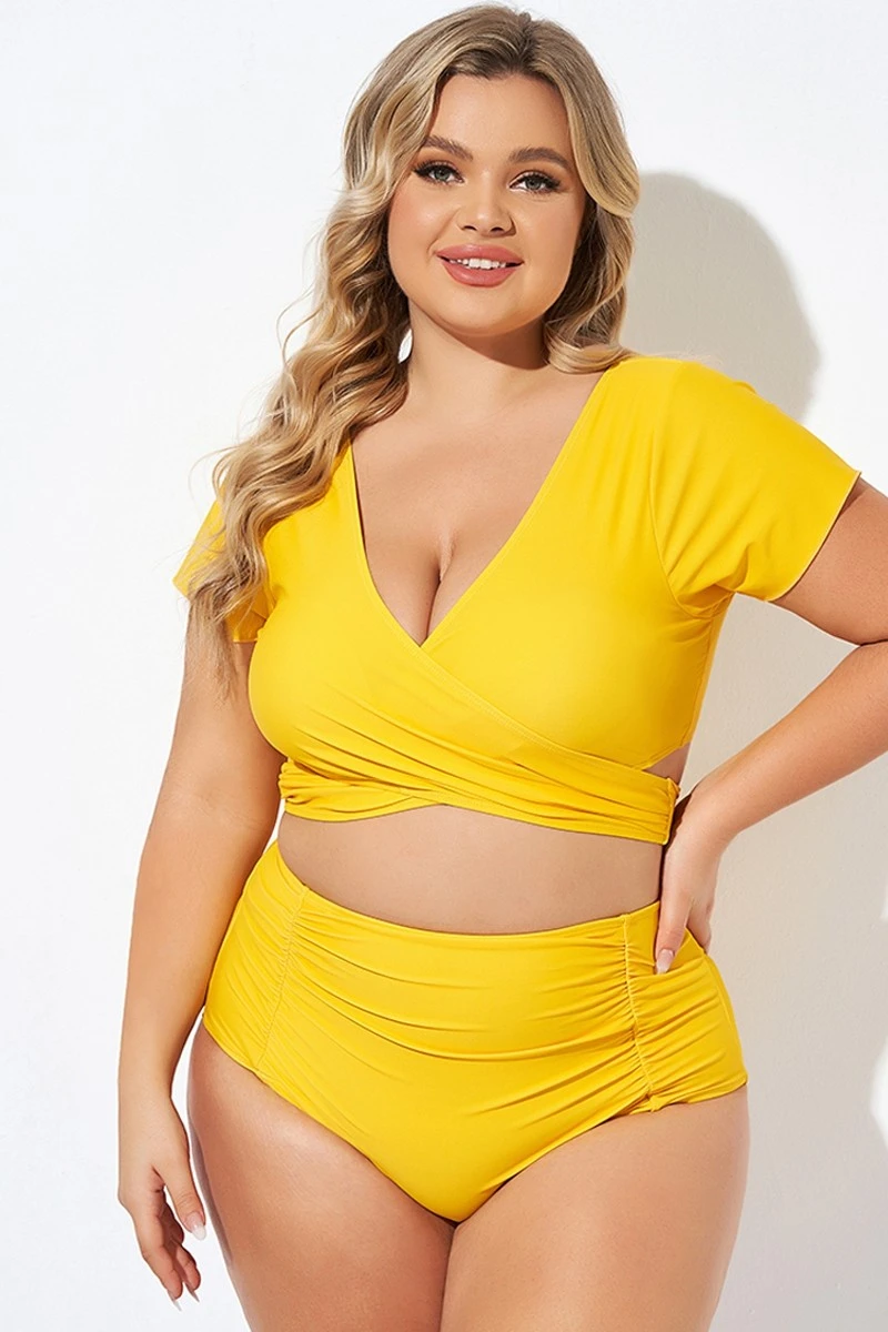 Yellow Ruched Sleeves Skirted Bikini Top 3 Yellow Ruched Sleeves Skirted Bikini Top