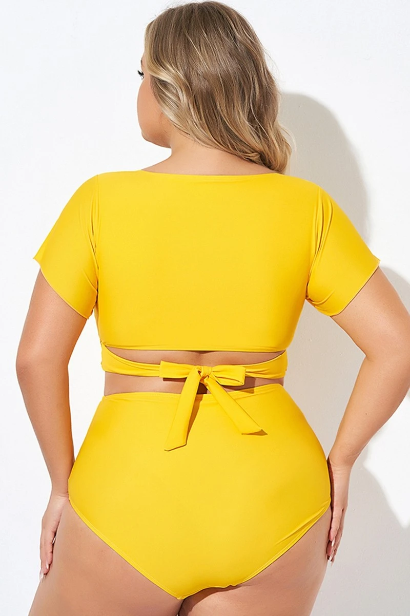 Yellow Ruched Sleeves Skirted Bikini Top 4 Yellow Ruched Sleeves Skirted Bikini Top - Image 2