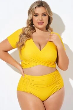 Yellow Ruched Sleeves Skirted Bikini Top 10 Yellow Ruched Sleeves Skirted Bikini Top -Meetcurve Shop b debk050005 3 1