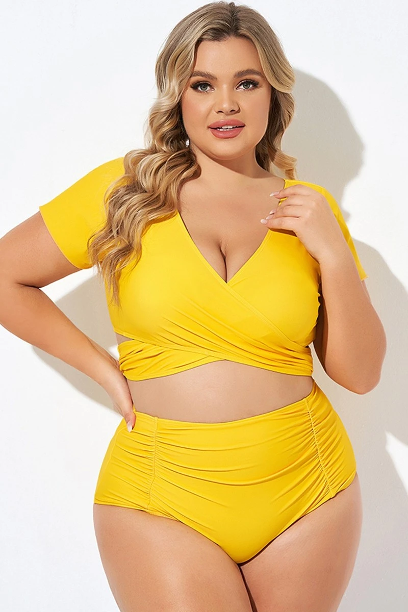 Yellow Ruched Sleeves Skirted Bikini Top 5 Yellow Ruched Sleeves Skirted Bikini Top - Image 3