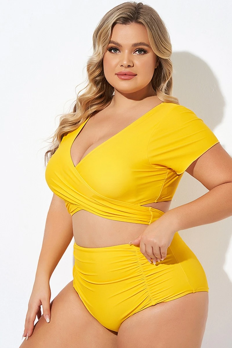 Yellow Ruched Sleeves Skirted Bikini Top 6 Yellow Ruched Sleeves Skirted Bikini Top - Image 4