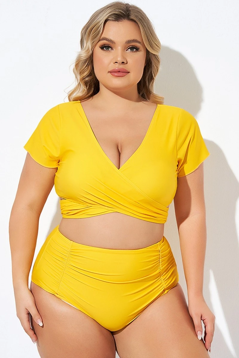 Yellow Ruched Sleeves Skirted Bikini Top 7 Yellow Ruched Sleeves Skirted Bikini Top - Image 5