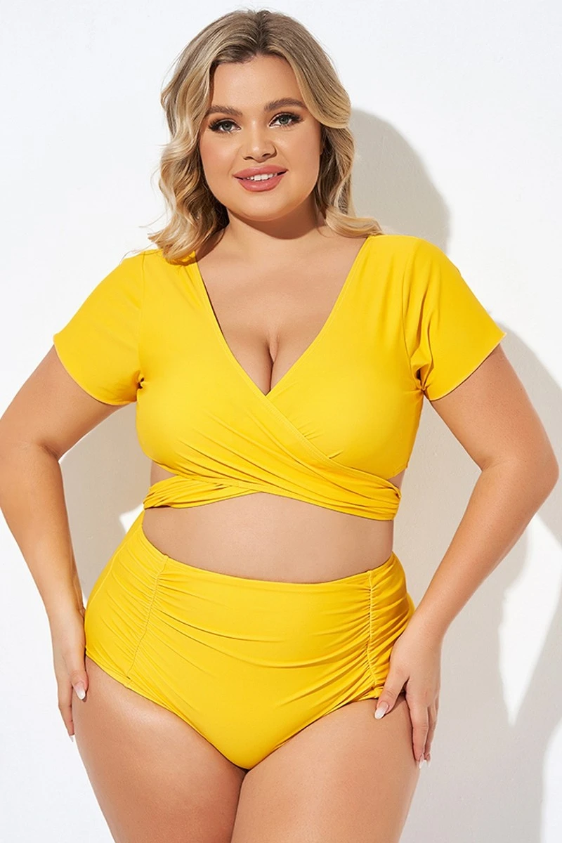 Yellow Ruched Sleeves Skirted Bikini Top 8 Yellow Ruched Sleeves Skirted Bikini Top - Image 6