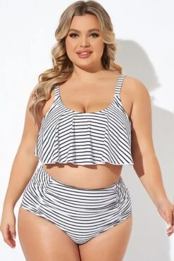 Black And White Stripes Scoop Neck Bikini Top -Meetcurve Shop b debk063008 4