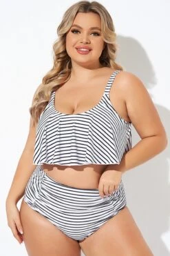 Black And White Stripes Scoop Neck Bikini Top -Meetcurve Shop b debk063008 5