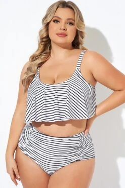 Black And White Stripes Scoop Neck Bikini Top -Meetcurve Shop b debk063008 6