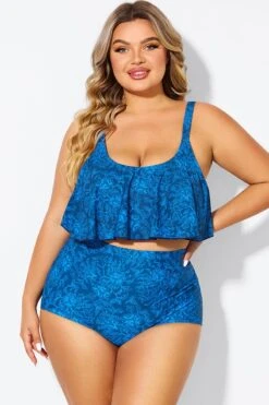 Navy Blue Floral Print Hem Bikini Top -Meetcurve Shop b debk063010 3