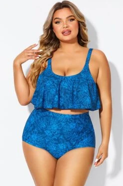 Navy Blue Floral Print Hem Bikini Top -Meetcurve Shop b debk063010 4