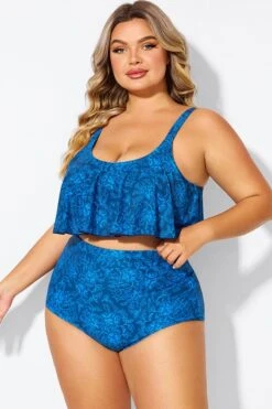 Navy Blue Floral Print Hem Bikini Top -Meetcurve Shop b debk063010 5