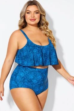 Navy Blue Floral Print Hem Bikini Top -Meetcurve Shop b debk063010 6