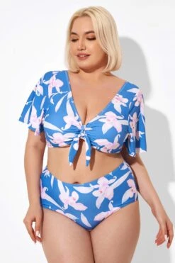 Blue Flower Print Bow V-neck Bikini Top -Meetcurve Shop b debk064003 5