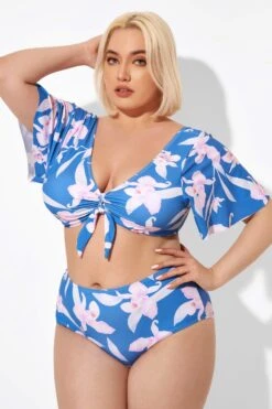 Blue Flower Print Bow V-neck Bikini Top -Meetcurve Shop b debk064003 6