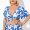 Blue Flower Print Bow V-neck Bikini Top -Meetcurve Shop b debk064003 9