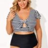 Black & White Stripe Retro Women Bikini Top -Meetcurve Shop b debk072001 1