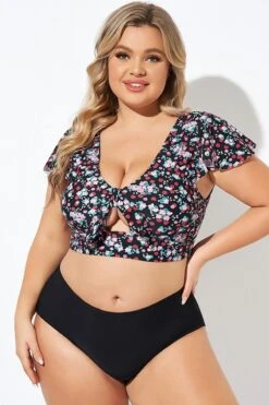 Classic Floral Print Knot Front Women Bikini Top -Meetcurve Shop b debk072004 3