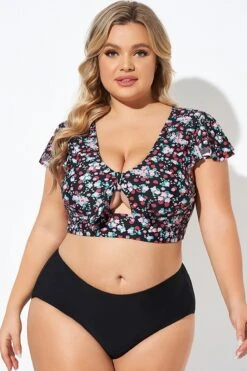 Classic Floral Print Knot Front Women Bikini Top -Meetcurve Shop b debk072004 5
