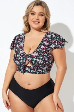 Classic Floral Print Knot Front Women Bikini Top -Meetcurve Shop b debk072004 6