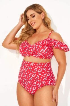 Red Floral Ruffled Underwire Women Bikini Top -Meetcurve Shop b debk073001 2