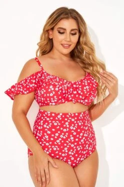 Red Floral Ruffled Underwire Women Bikini Top -Meetcurve Shop b debk073001 4