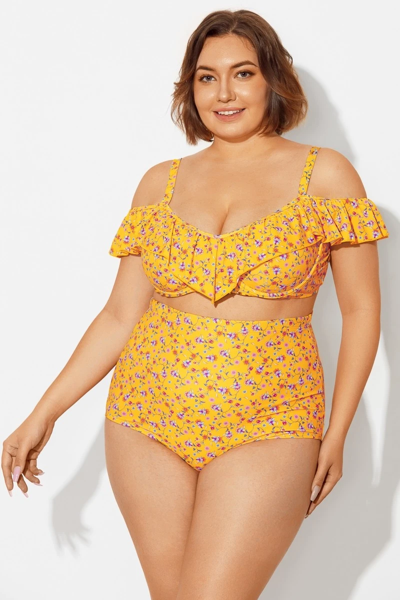 Yellow Floral Ruffled Underwire Women Bikini Top 5 Yellow Floral Ruffled Underwire Women Bikini Top - Image 3