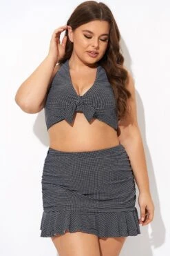 Black Checkers Pattern Knot Bikini Top -Meetcurve Shop b debk075002 3