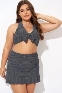 Black Checkers Pattern Knot Bikini Top -Meetcurve Shop b debk075002 4
