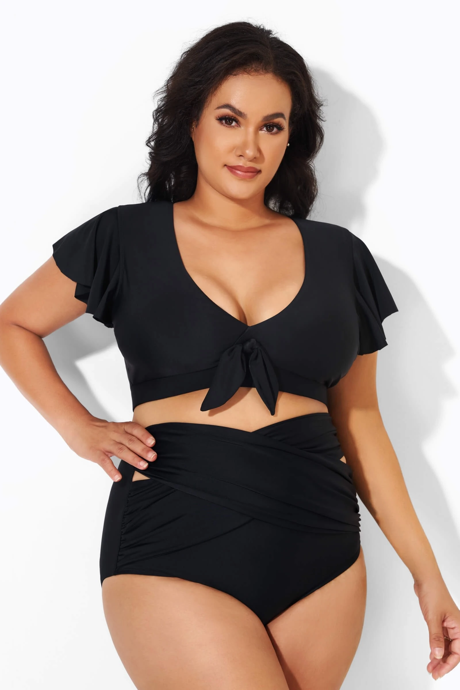 Black Flutter-Sleeve Elegant Swim Bikini Top 6 Black Flutter-Sleeve Elegant Swim Bikini Top - Image 4