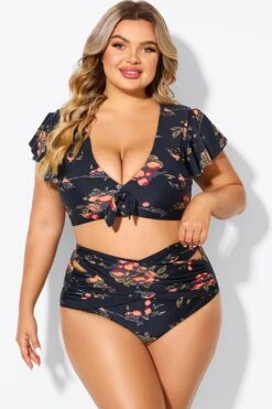 Floral Print Flutter Sleeve Elegant Swim Bikini Top -Meetcurve Shop b debk092004 3