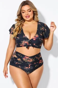 Floral Print Flutter Sleeve Elegant Swim Bikini Top -Meetcurve Shop b debk092004 4