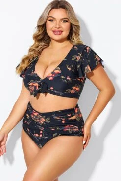 Floral Print Flutter Sleeve Elegant Swim Bikini Top -Meetcurve Shop b debk092004 5